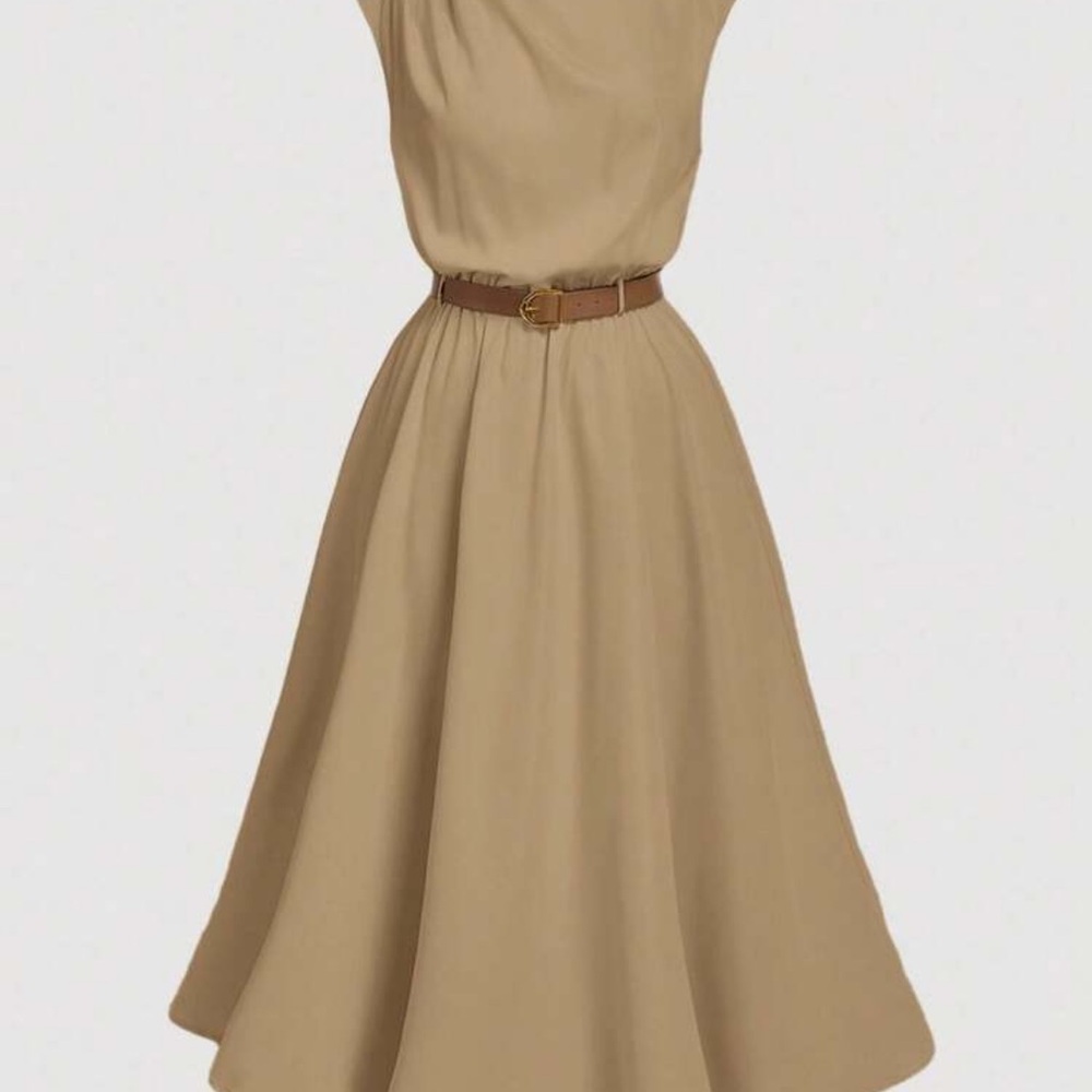 SHEIN Tan Midi Fit-and-Flare Dress with Brown Belt